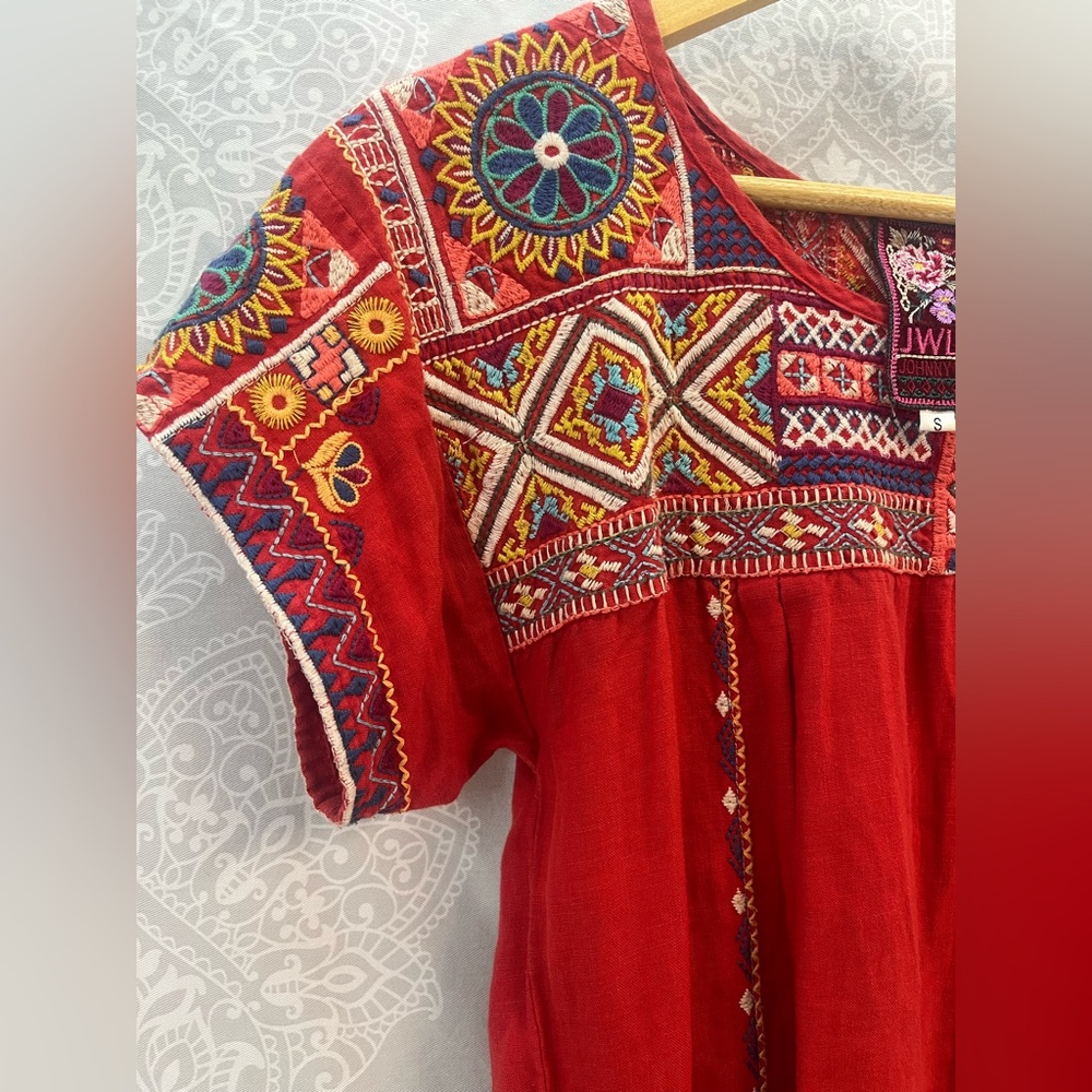 Johnny Was Red Embroidered Linen Dress/Tunic, Women’s Small; Beach Boho Beauty! - Picture 16 of 17